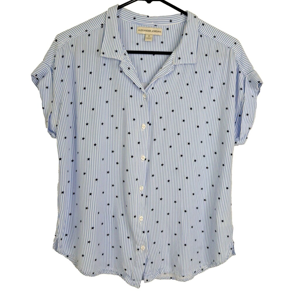 Alexander Jordan Blouse Women's Medium Blue Stripe Star Print Rayon Short Sleeve